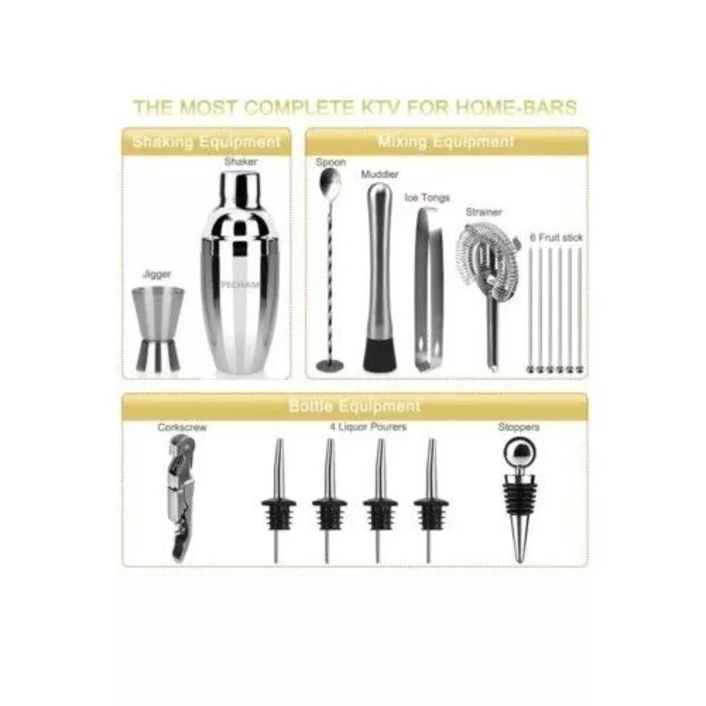 Cocktail Set 19-Piece Bar Tool Set Bamboo Stand Stainless Steel Shaker PECHAM